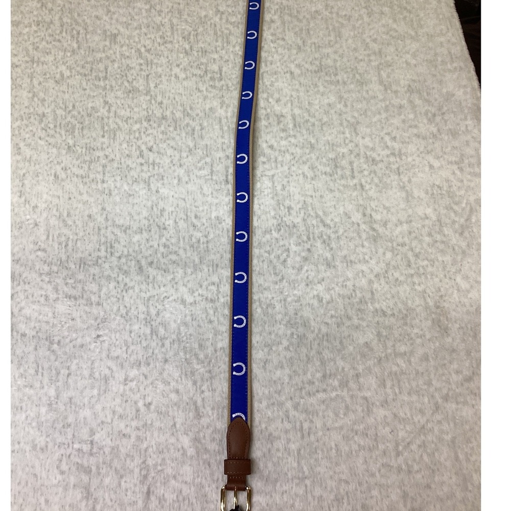 Palmetto Moon Mens Blue Horseshoe Ribbon Belt Brown Leather Trim Size 32…